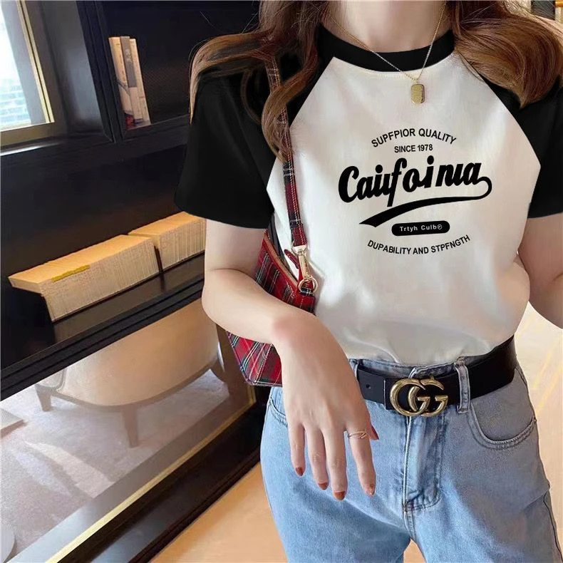 圆领宽松纯棉t恤女2023新款棕色拼接短袖夏季爆款显瘦减龄上衣潮