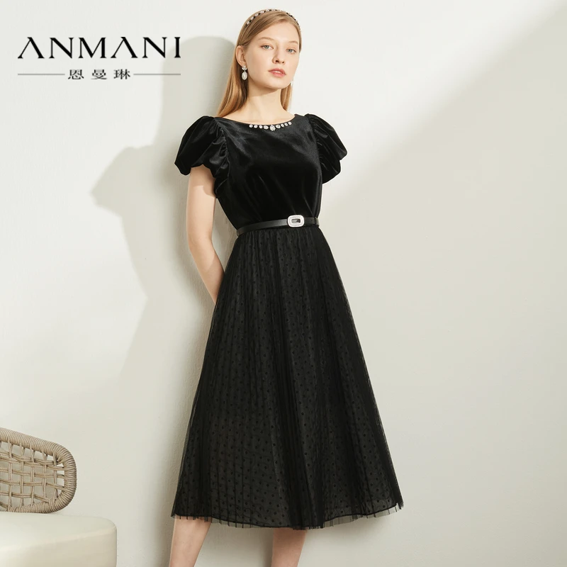 ANMANI恩曼琳春季丝绒网纱蕾丝拼接礼服高腰连衣裙EANDAL16