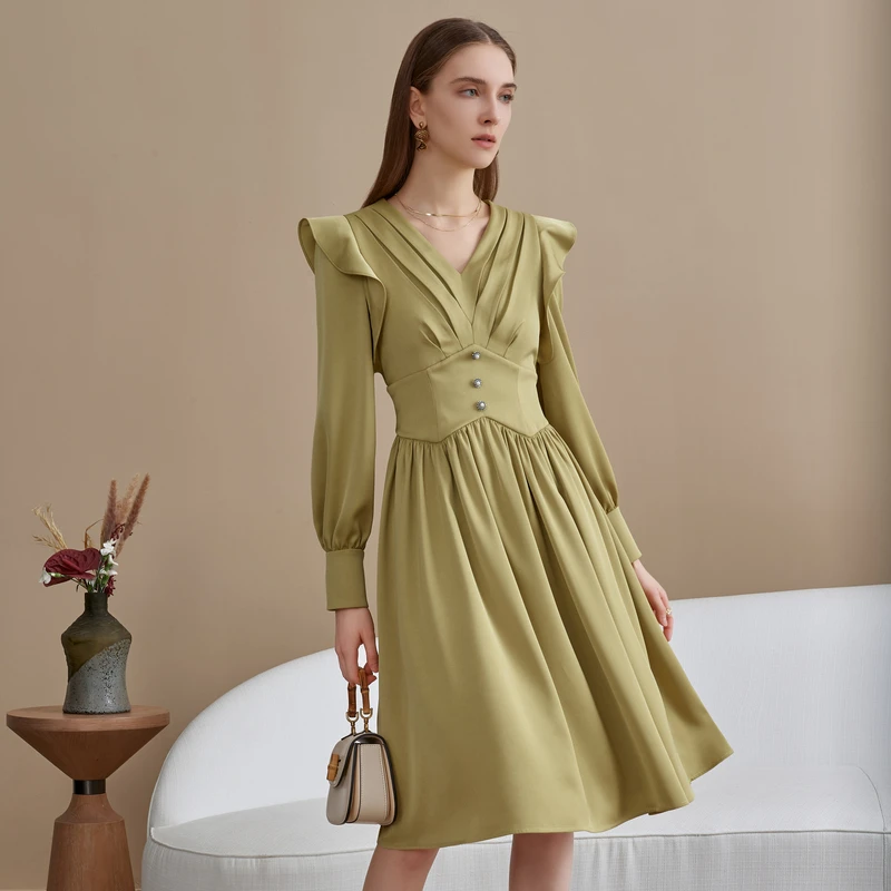 【李家大小姐专属】恩曼琳秋法式荷叶边收腰立裁连衣裙EANDCH35