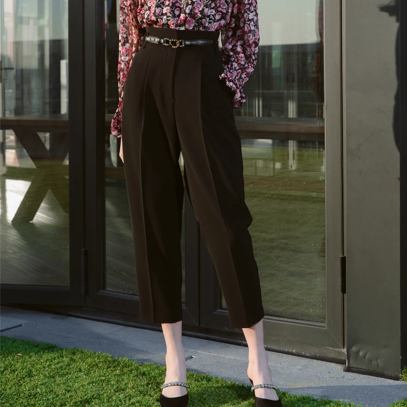 【达人专属】恩曼琳春季新款高腰九分萝卜裤哈伦西装裤EANDAA43