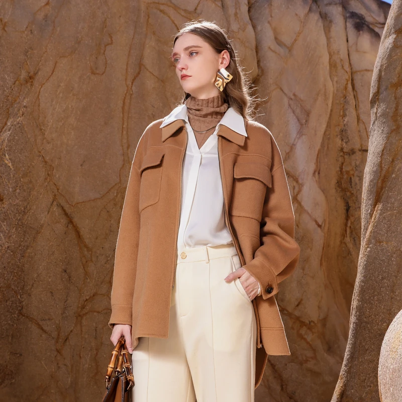 【达人专属】恩曼琳冬季双面呢大衣新品毛呢外套女士驼色EANDDB82