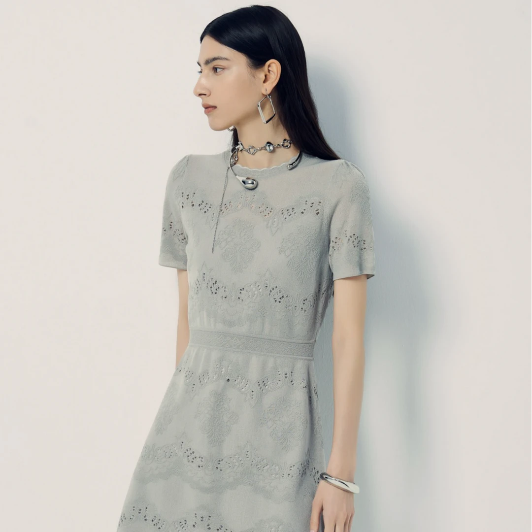 博主同款|ANMANI恩曼琳夏法式气质镂空针织小香风连衣裙EANDBA05