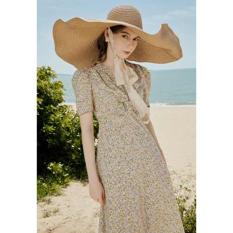 ANMANI恩曼琳春夏V领钻链抽褶收腰碎花休闲连衣裙EANCBA27