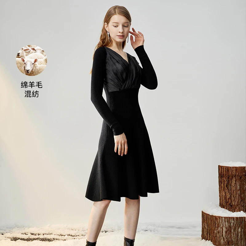 【薇薇专属】【美利奴】恩曼琳秋冬新款蕾丝拼接针织连衣裙EANCDI13