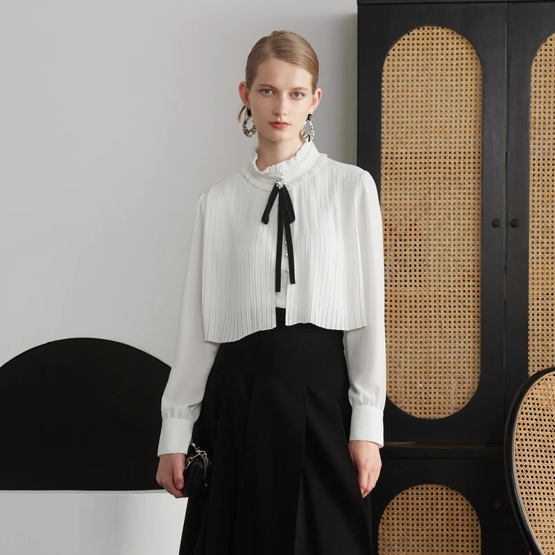 【初依专属】ANMANI恩曼琳秋冬新款设计感蝴蝶结胸针压褶长袖衬衫