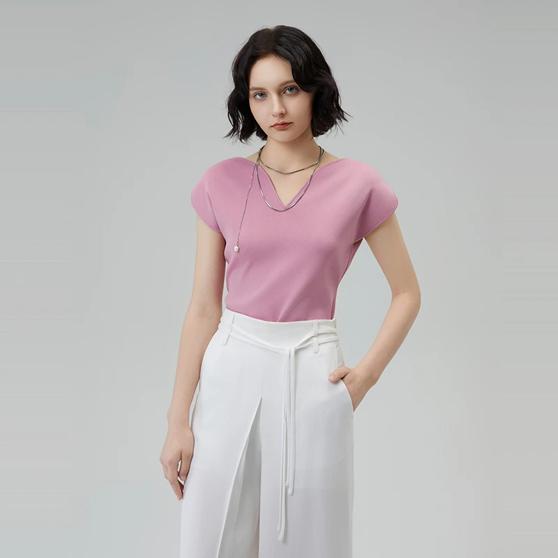 ANMANI恩曼琳夏季新款法式简约V领设计感短袖针织衫EANEBA97