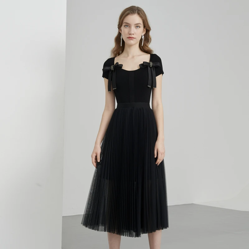 【陈大可专属】恩曼琳春夏方领风琴褶蝴蝶结收腰小黑裙连衣裙女EANC