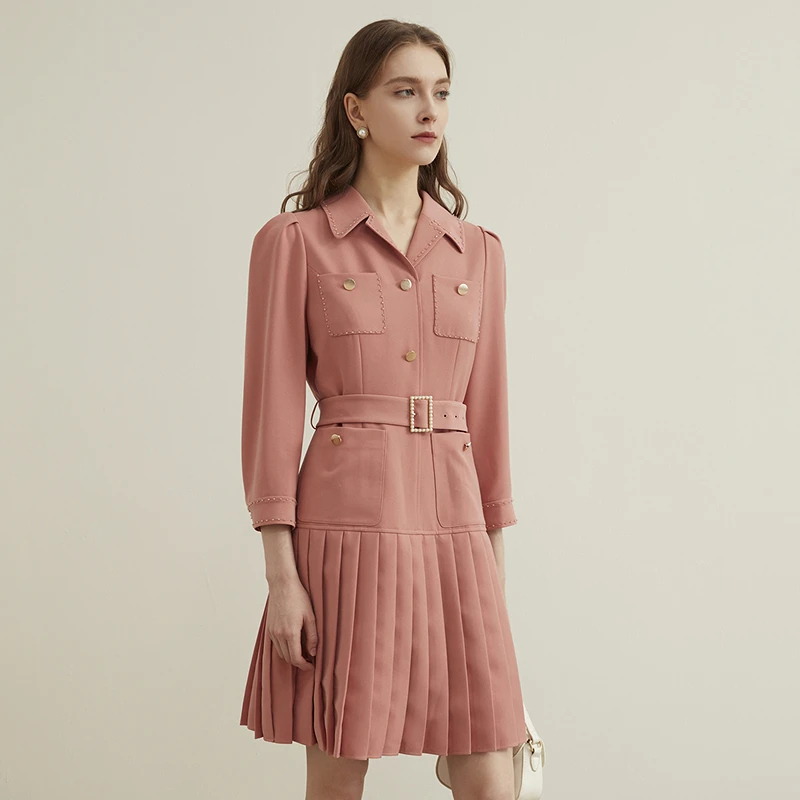 【简衣专属】恩曼琳秋季新款职场通勤收腰翻领连衣裙女WANDCA17