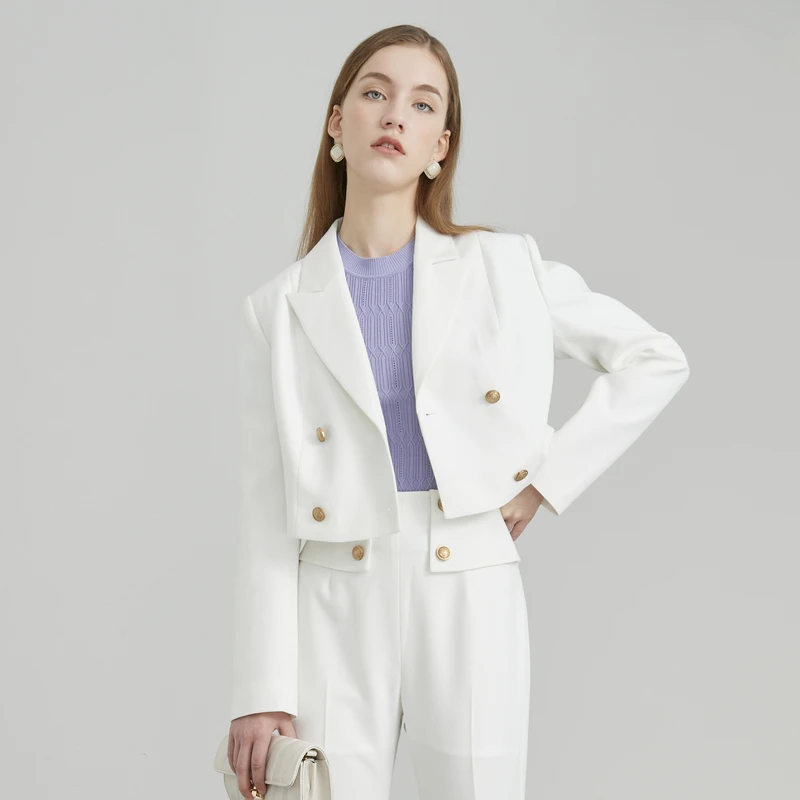 ANMANI恩曼琳新品通勤戗驳领双排扣短款西装外套女EANCAB11