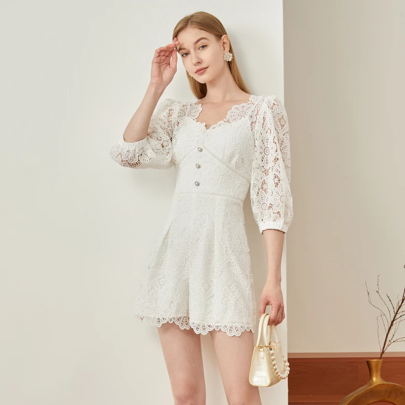 【彭彭echo专属】恩曼琳春季新款高腰蕾丝连体裤泡泡袖短裤EANDAA34