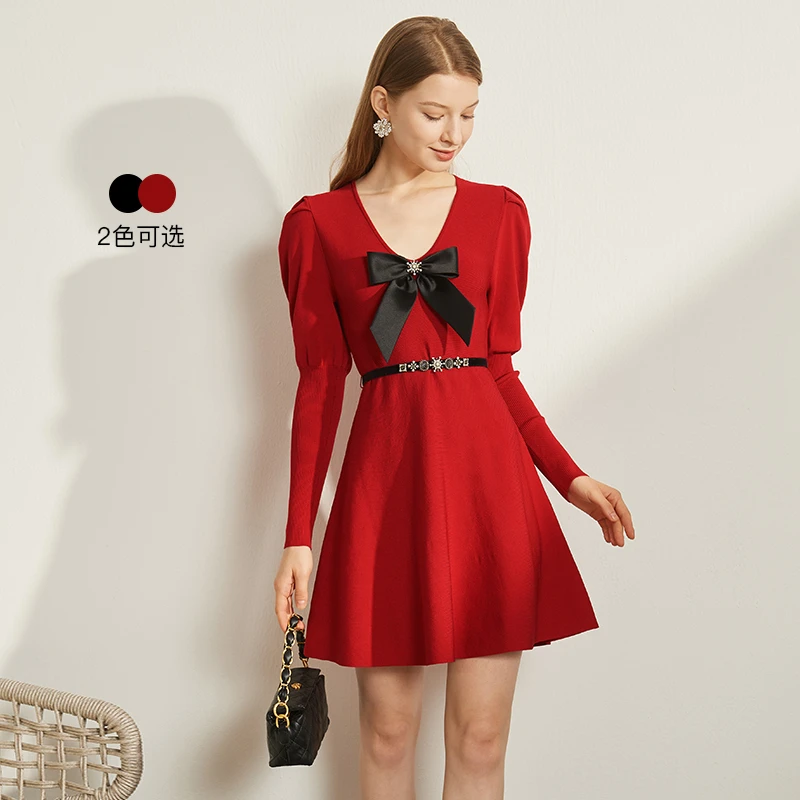 【小熊专属】恩曼琳蝴蝶结泡泡袖针织连衣裙小礼服女EANDAA87