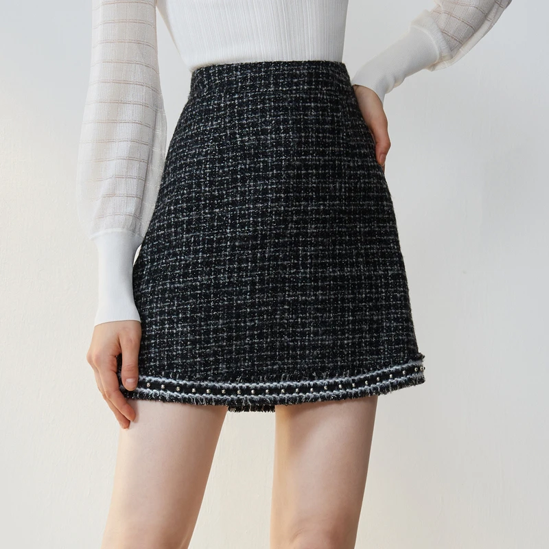 【千颂妮专享】恩曼琳新款复古小香风粗花呢高腰A字半身裙EANCCA17