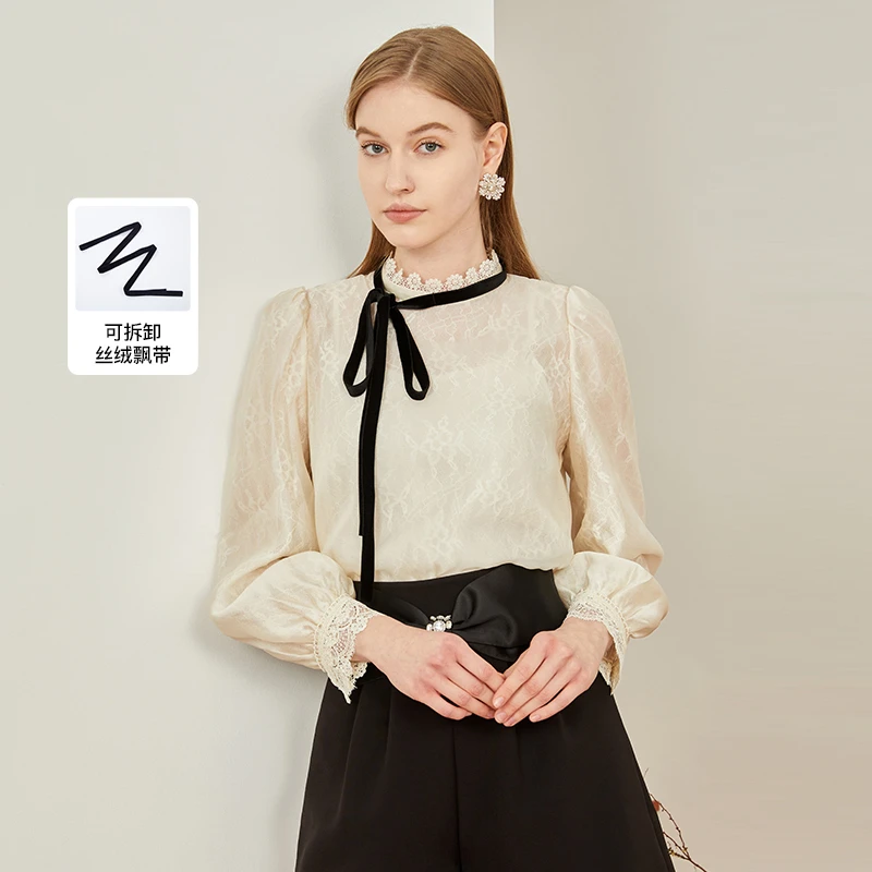 【简衣专属】恩曼琳春季复古丝绒系带欧根纱蕾丝衫上衣女EANDAA18