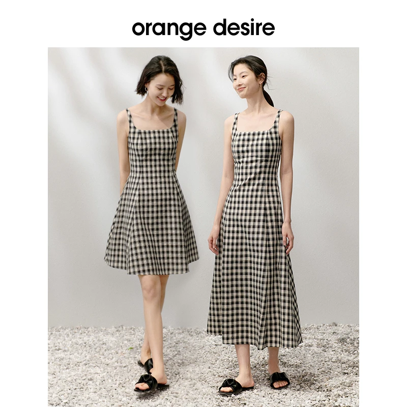 orange desire气质收腰格纹连衣裙女方领吊带裙子OD2CML0090