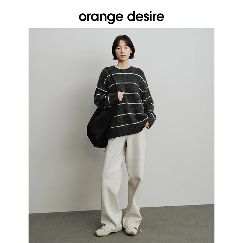 orange desire【雅丹风】慵懒落肩条纹圆领毛衣圆领宽松OD2DWKZP004