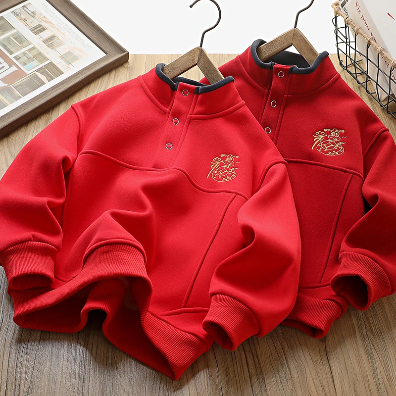 蛇年儿童年服男童加绒卫衣2025新款新年红色本领年衣服中国风上衣