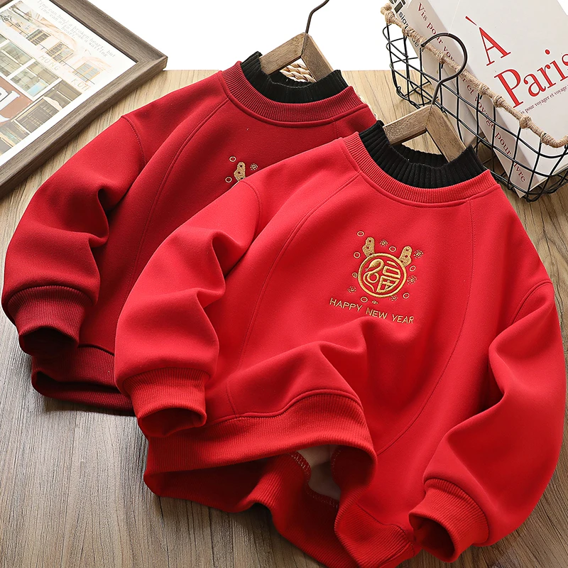 2025新款蛇年男童加绒卫衣新年儿童年服红色本领年衣服民族风上衣