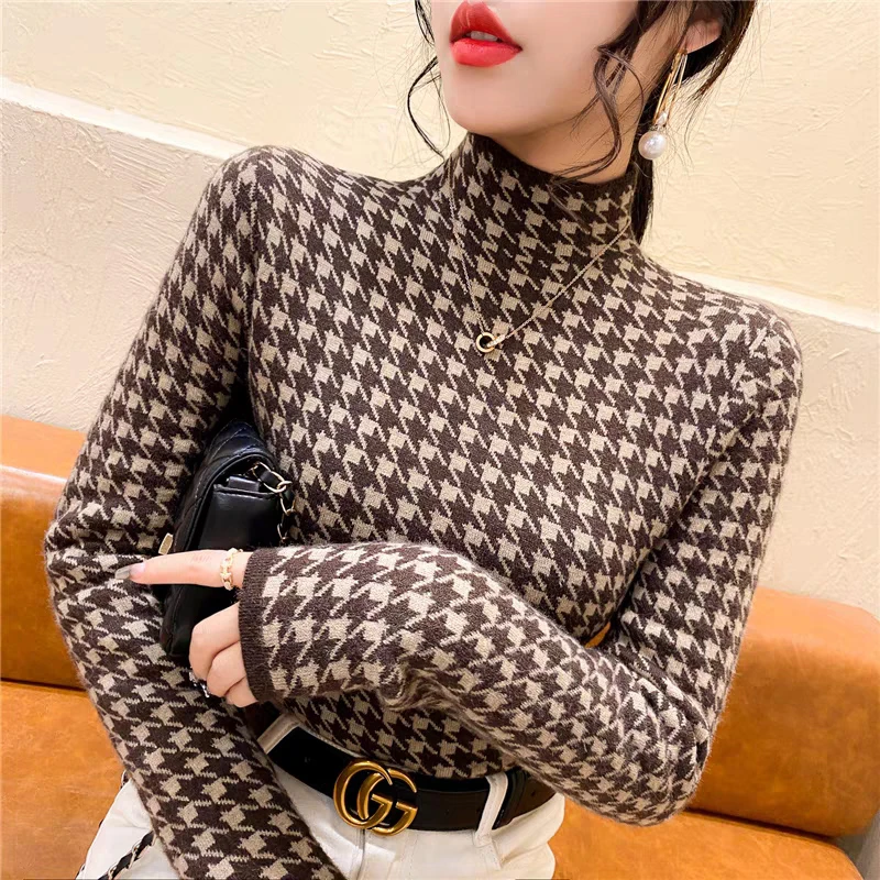 【欧货-千鸟格提花】加厚半高领打底衫针织衫毛衣女秋冬显廋上衣女