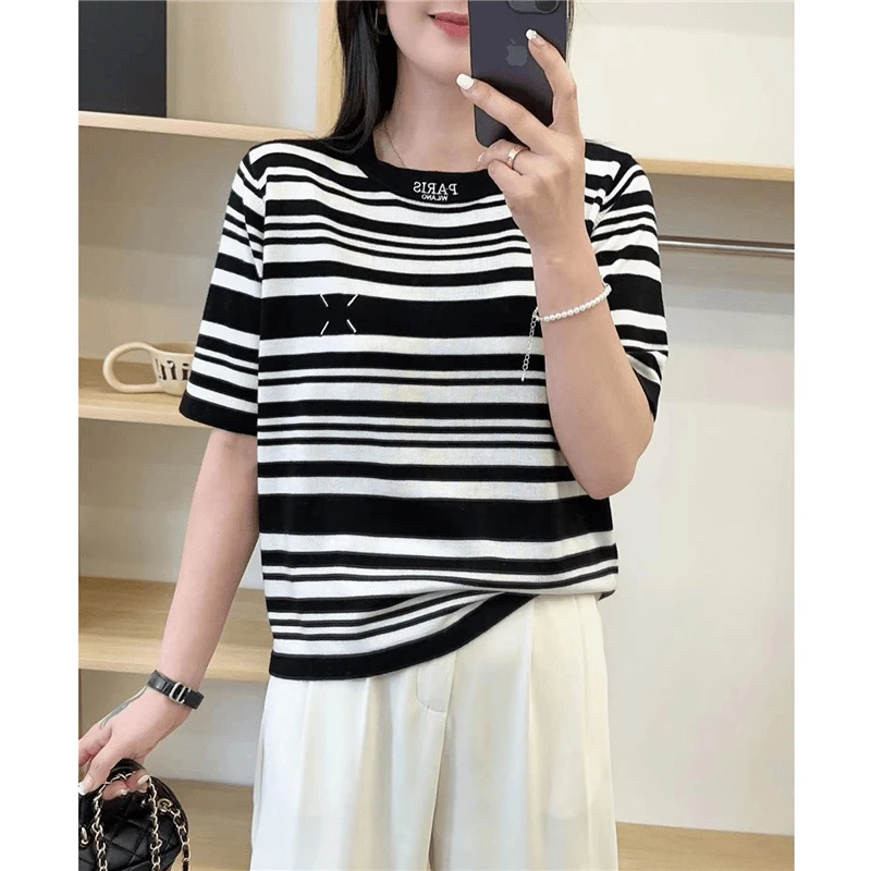 【巴黎条纹】气质显廋百搭夏季短袖T恤针织衫女装半袖冰丝上衣女