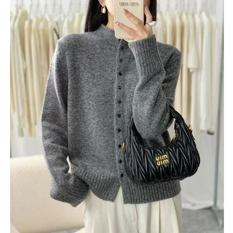 【花纱灰】绵羊毛！~气质加厚秋冬半高领针织开衫女毛衣外套