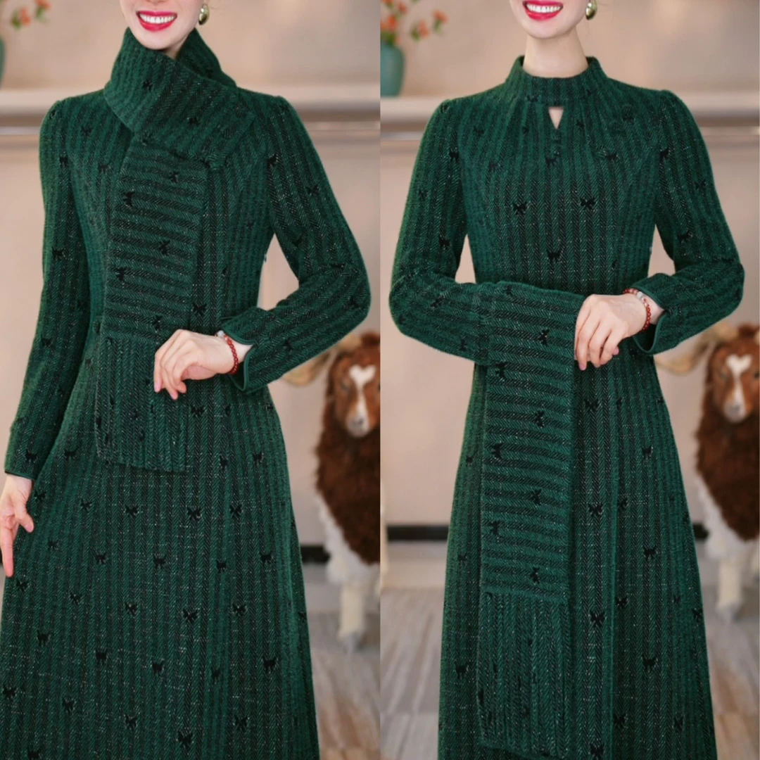 璐娅娜品牌专享新中式旗袍加厚秋冬新款雪尼尔绒中长款显瘦连衣裙