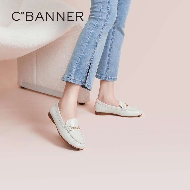 千百度女鞋2023秋季新款轻软平底软底羊皮豆豆鞋乐福鞋A23450508