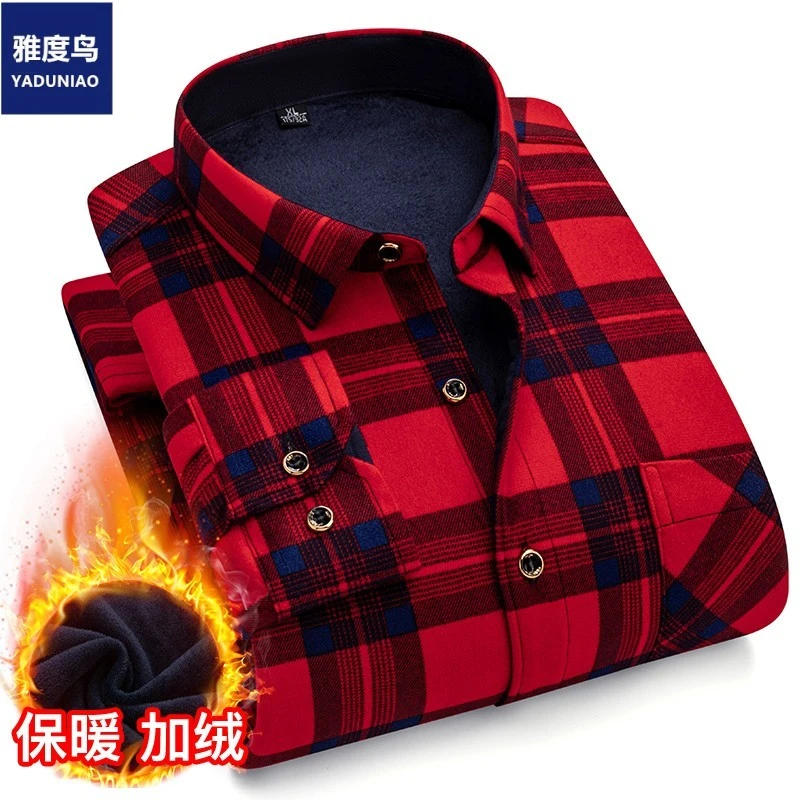 雅度鸟YADUNIAO冬季保暖衬衫加绒加厚格子绒开衫中年男双面绒衬衣