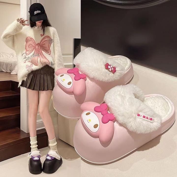 网红保暖包头可爱卡通美乐蒂厚底棉拖鞋冬季潮外穿毛毛棉拖鞋女生
