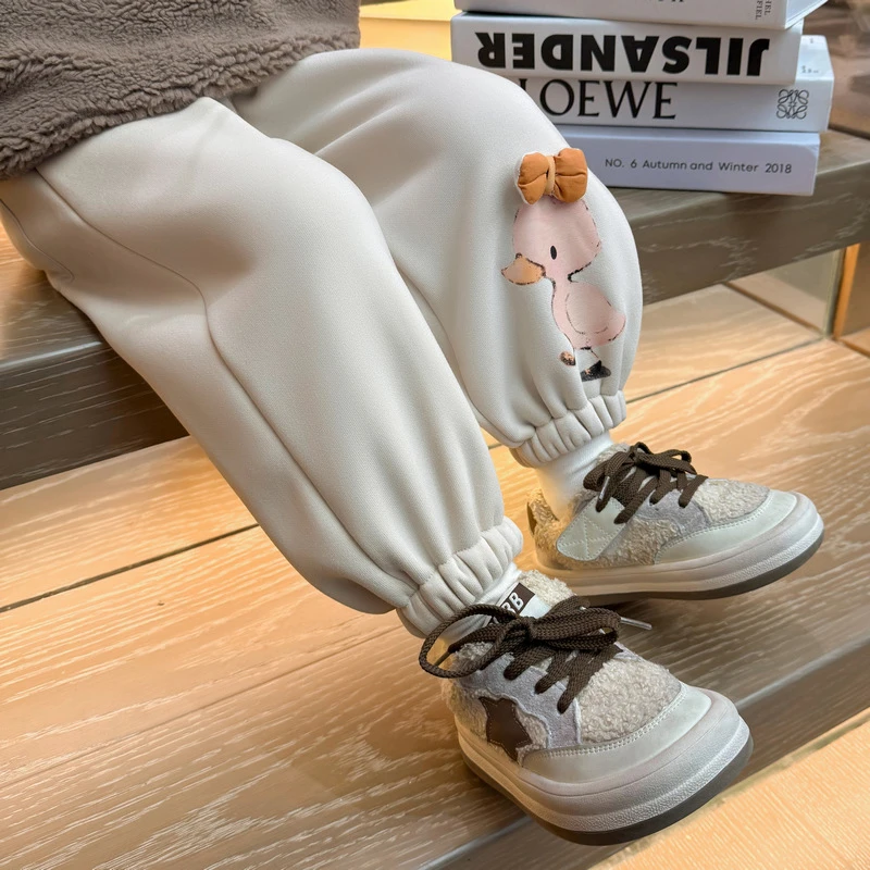 女童加绒卫裤洋气儿童秋冬装新款女宝宝加厚一体绒休闲裤子小女孩