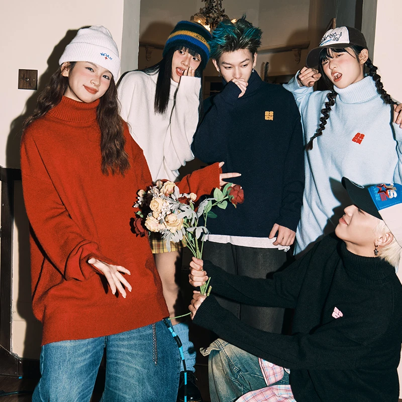 RICHDEER｜多巴胺保暖刺绣高领毛衣慵懒风情侣外套冬季美式上衣