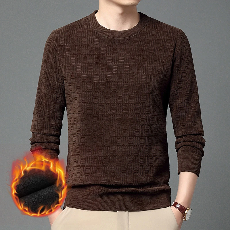 2023秋冬新款男士加绒圆领毛衣中老年加厚保暖针织衫宽松百搭上衣