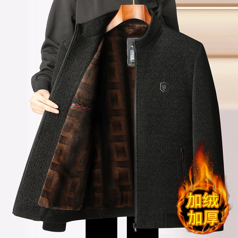 冬季爸爸装雪尼尔加绒外套中老年男士翻领加厚保暖宽松毛呢棉衣