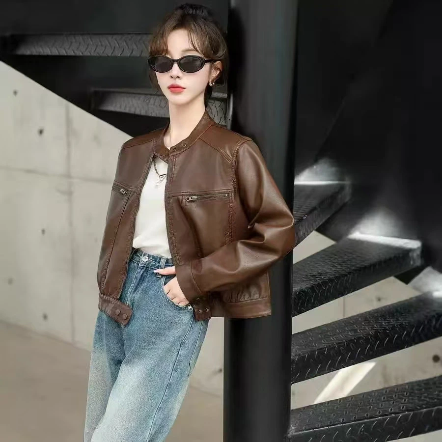 十三行春秋宽松短款机车PU小个子小立领美式复古皮衣外套女皮夹克