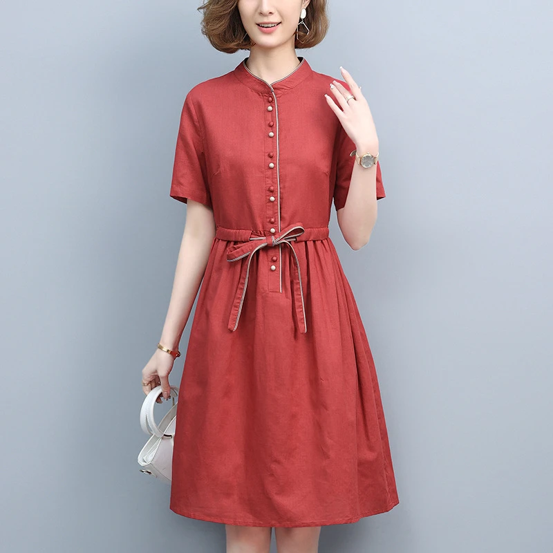 棉麻连衣裙韩版气质时尚休闲宽松减龄妈妈夏季新款女装连衣裙收腰