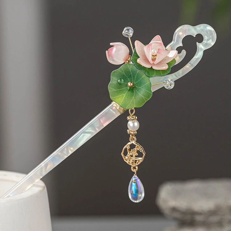 国风荷莲古风旗袍茶服汉服日常盘发簪头饰女