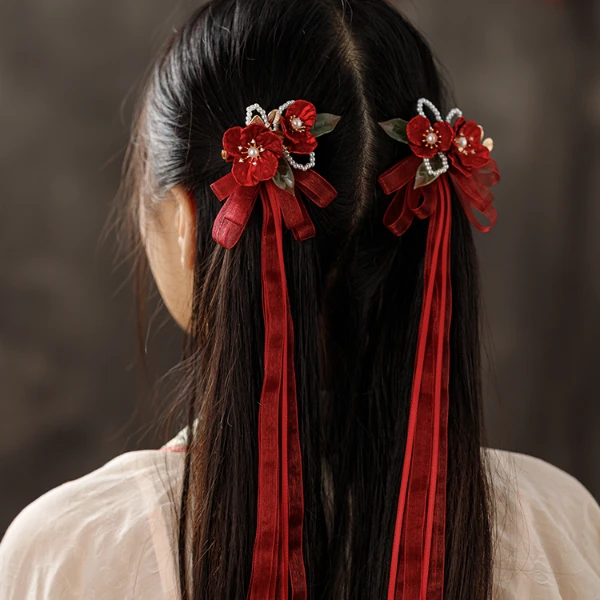 春亦轩复古唯美红色胭脂山茶飘带对夹古风汉服发饰新娘敬酒服头饰