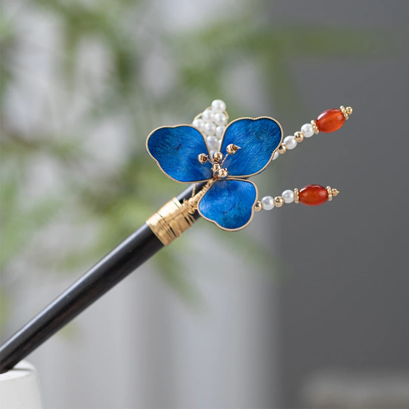 中式日常挽发头饰群青蓝绒花檀木簪旗袍汉服国风缠花盘发簪发饰女