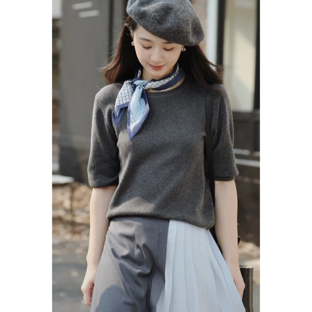 LACEY 2024 9/8【松弛入秋】圆领桑蚕丝短袖针织羊毛上衣