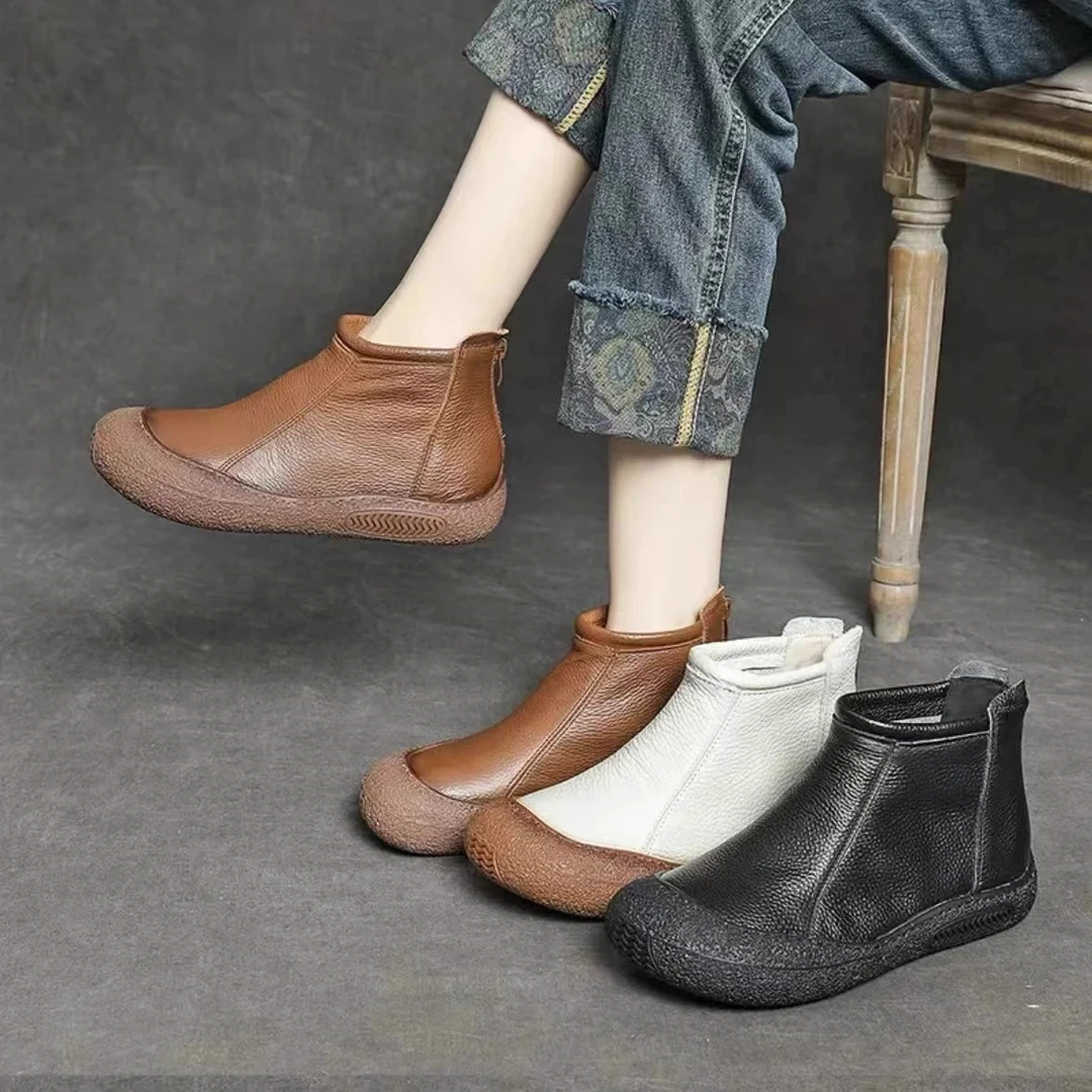 【三言优选】平底圆头休闲鞋真皮靴子复古软底软面百搭女鞋3511