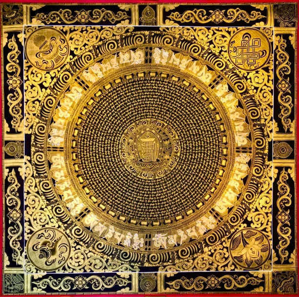 尼泊尔喇嘛手绘六字真言十相自在咒轮坛城唐卡尺幅100×100