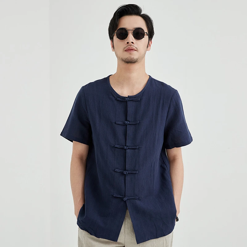 新中式男士棉麻短袖衬衫中国风盘扣无领亚麻唐装中式男装夏季薄款