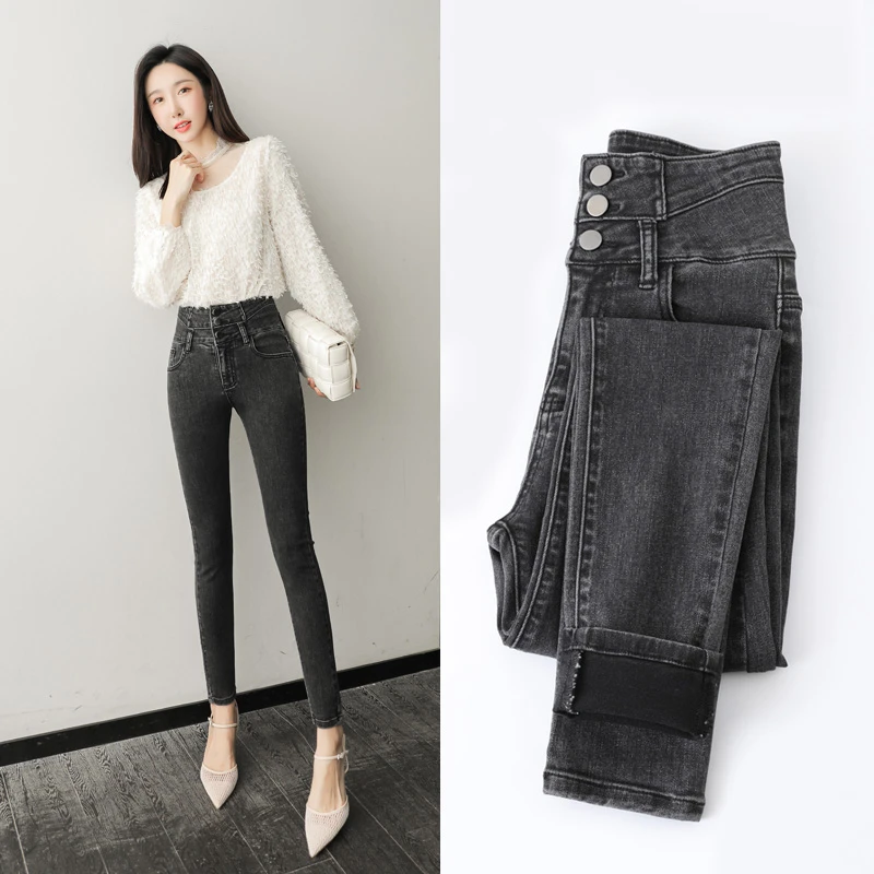 紧身牛仔裤女士新款2025年春秋高腰加厚显瘦弹力大码小脚牛仔长裤
