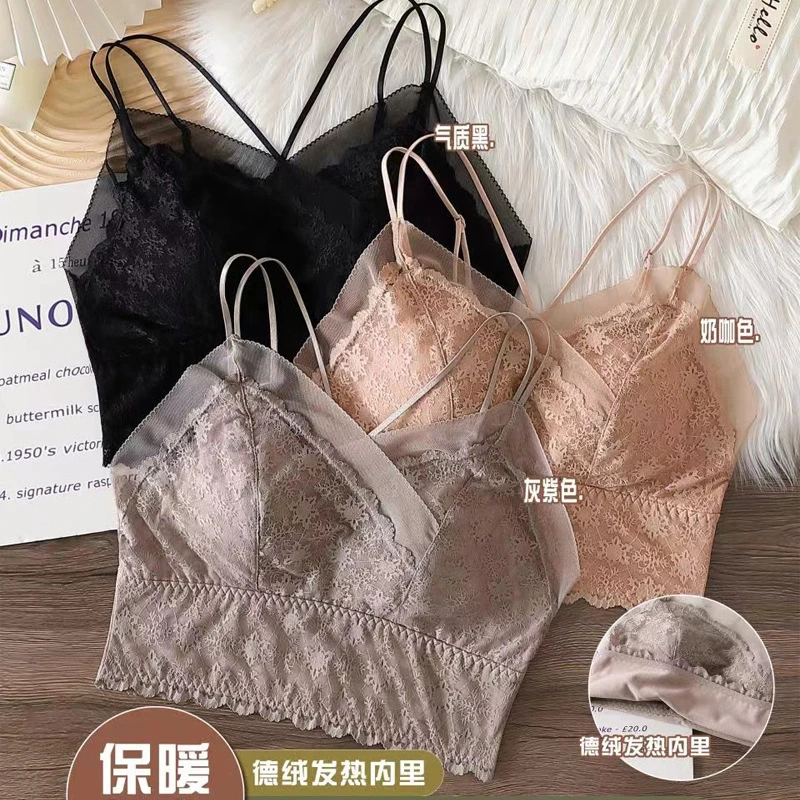 性感蕾丝德绒保暖背心可外穿美背免穿文胸吊带大码秋冬女士内衣