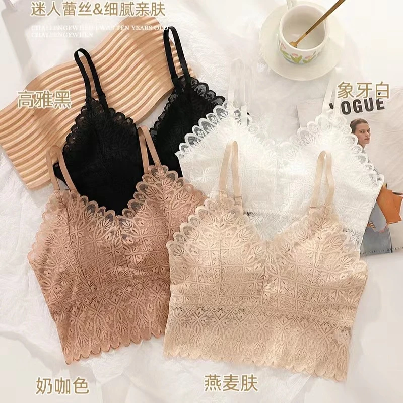 法式蕾丝美背吊带内衣女可调节防走光乳胶胸垫裹胸性感大露背背心