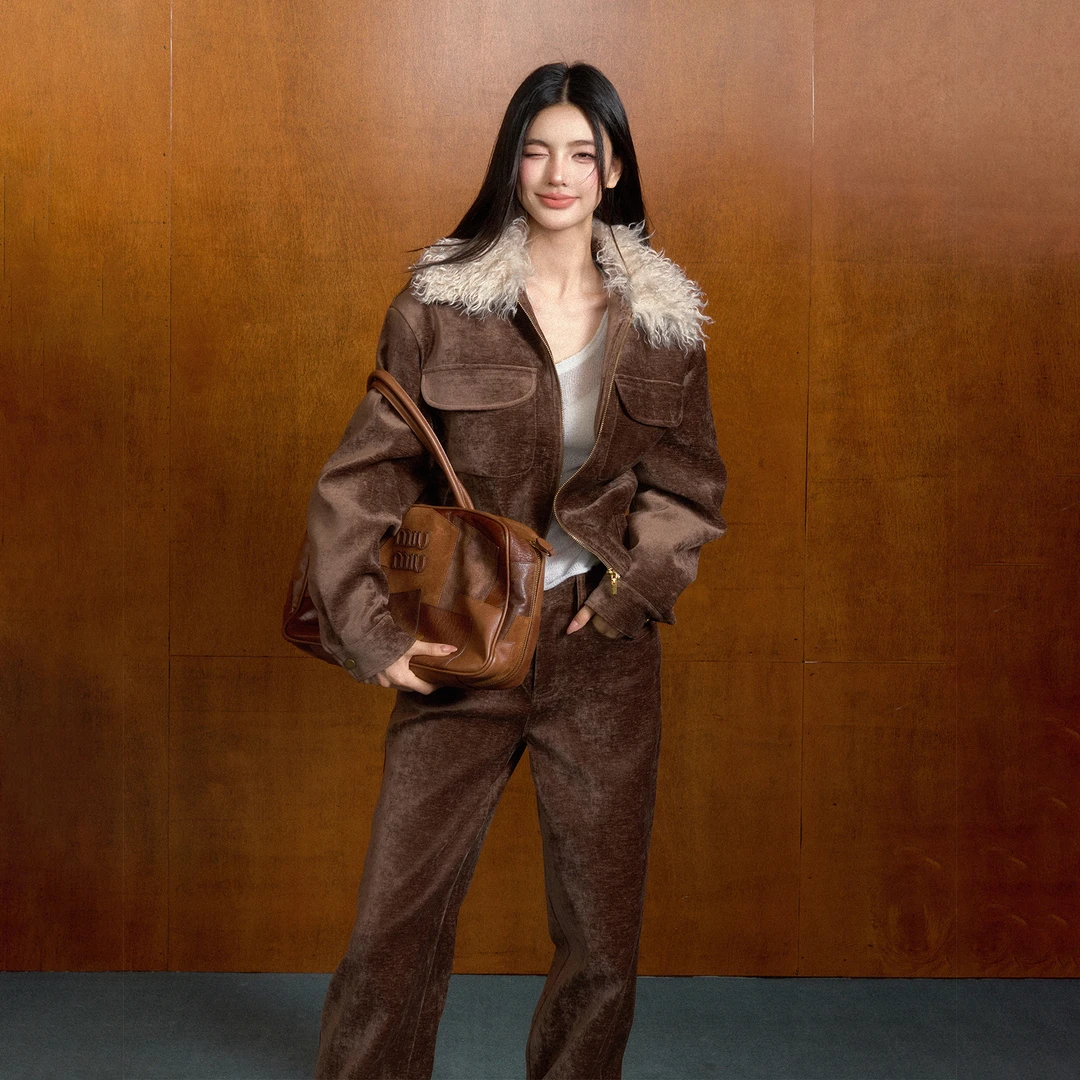 AGAM STUDIO 【官方专享】冬季棕色麂皮可拆毛领加厚工装夹克外套