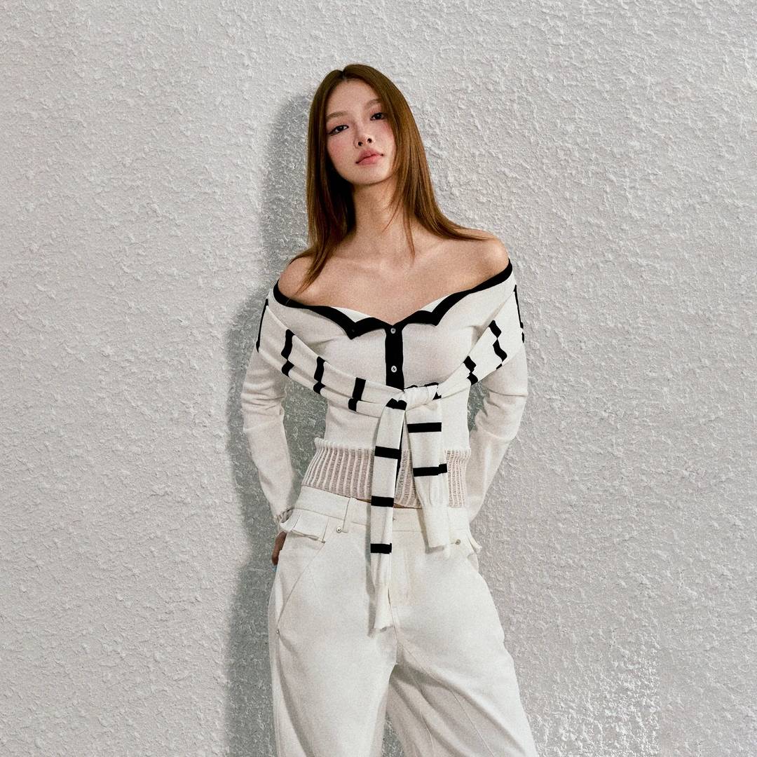 AGAM STUDIO假袖绑带一字领上衣条纹叠穿针织开衫女