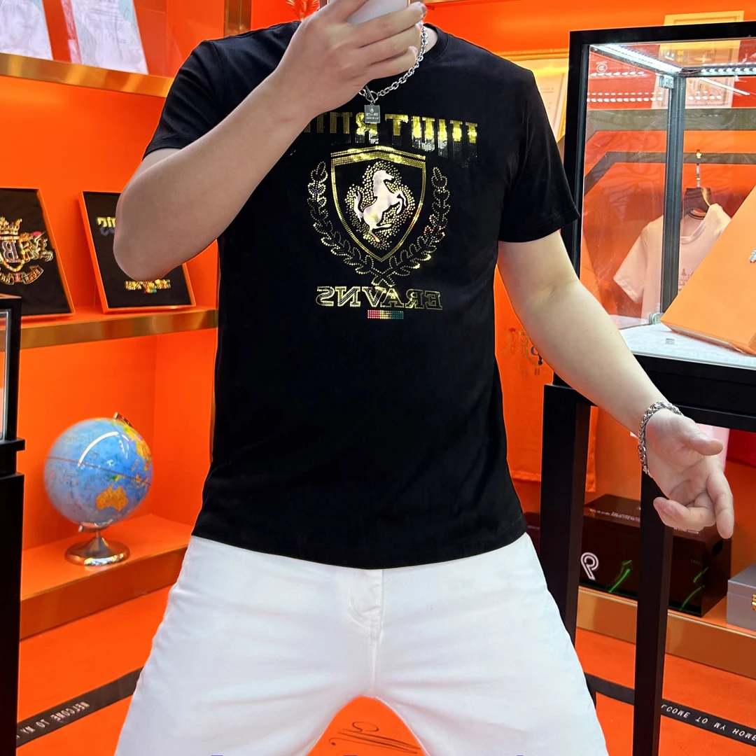 夏季新款短袖T恤男烫钻透气薄款上衣烫钻合身百搭休闲圆领个性