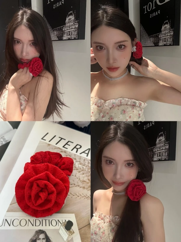 氛围感立体红色玫瑰花大肠发圈显白甜美网红花朵头绳