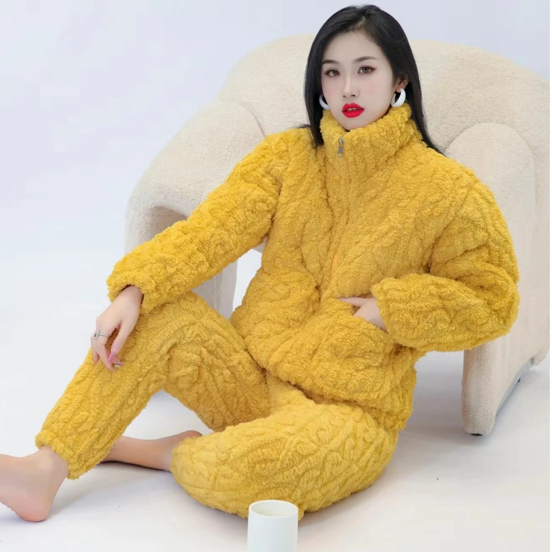 冬季睡衣女拉链加厚款加绒提花绒保暖三层夹棉秋女装法兰绒家居服
