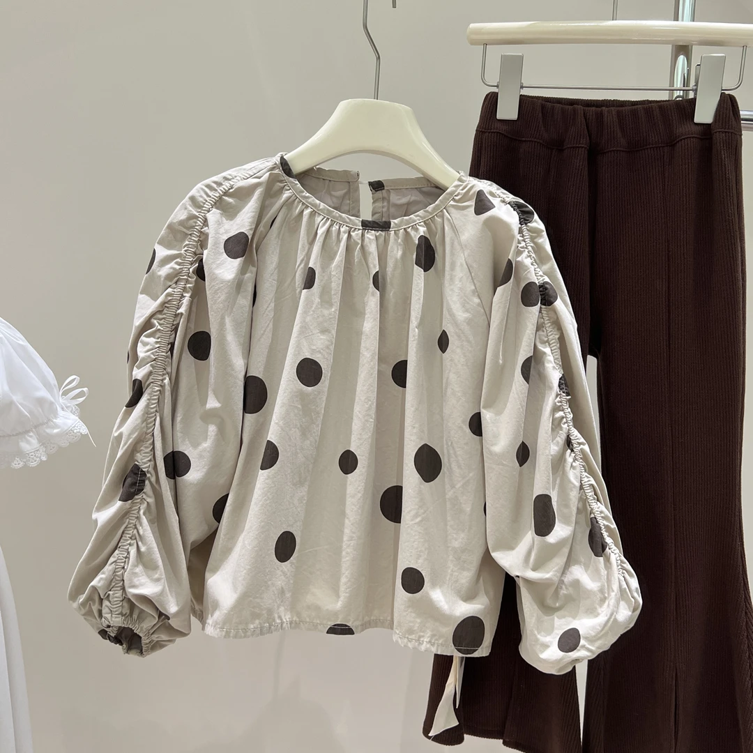 2024秋装新款女童韩版波点娃娃衫纯棉长袖衬衫森系套头宽松上衣女